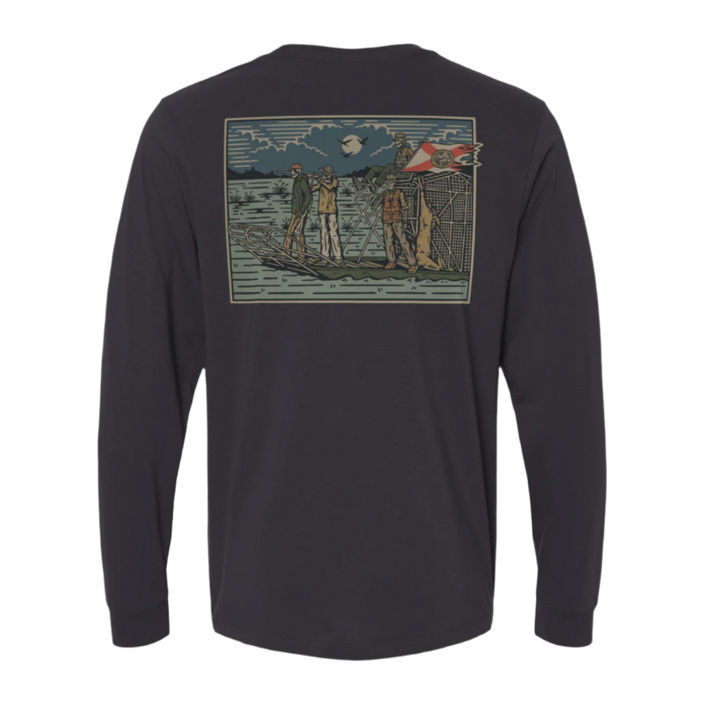 Black long-sleeve shirt with a graphic of on an airboat, three Florida hunters, and Florida flag flying on the back.