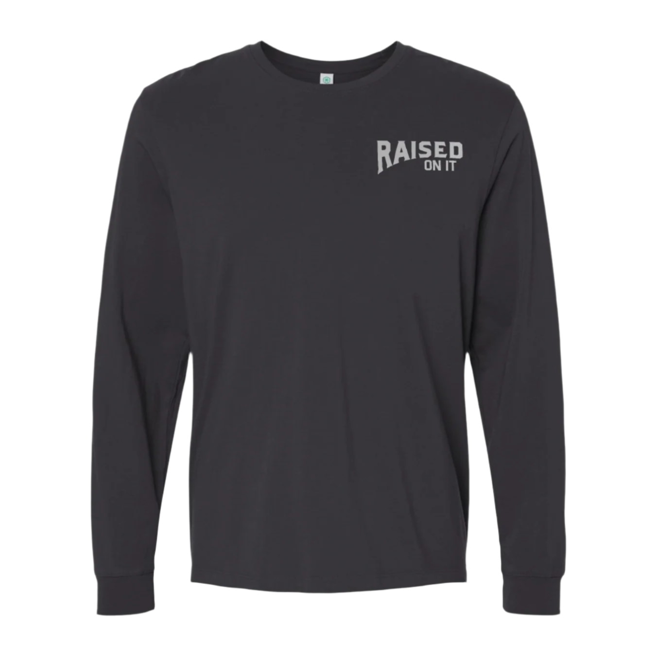 Black long-sleeve shirt with 'Raised On It' logo on the front left chest.