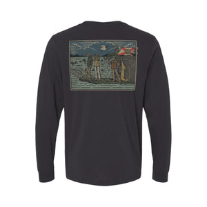 Black long-sleeve shirt with a graphic of on an airboat, three Florida hunters, and Florida flag flying on the back.